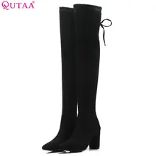 QUTAA/ г. Женские ботфорты выше колена модная женская обувь зимние ботинки на платформе и толстом каблуке повседневные женские ботинки большой размер 34-43