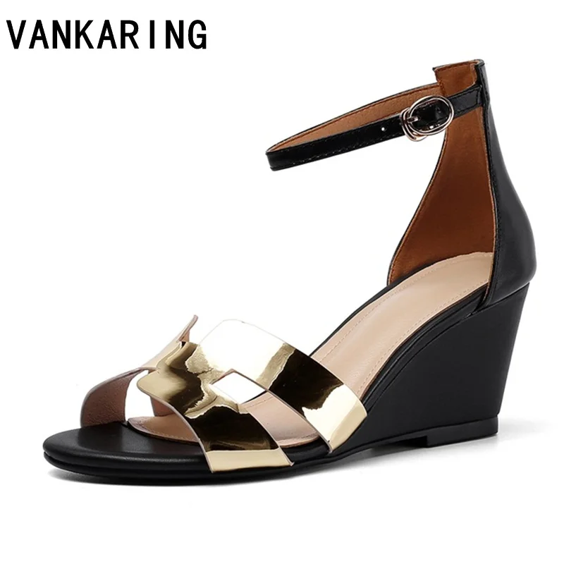 

women sandals ankle strap wedge high heels genuine leather concise buckle strap high quality summer party shoes platform sandals