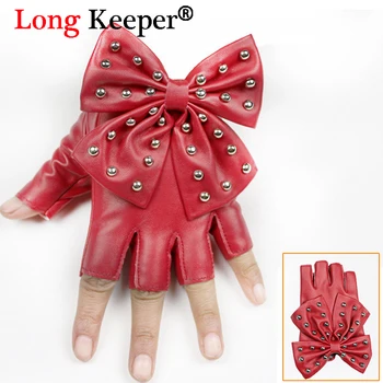 

Long Keeper Woman PU Leather Ladies' Evening Gloves With Bowknot Semi Fingerless Gloves Mittens Girls Dance Gloves Guantes #G081
