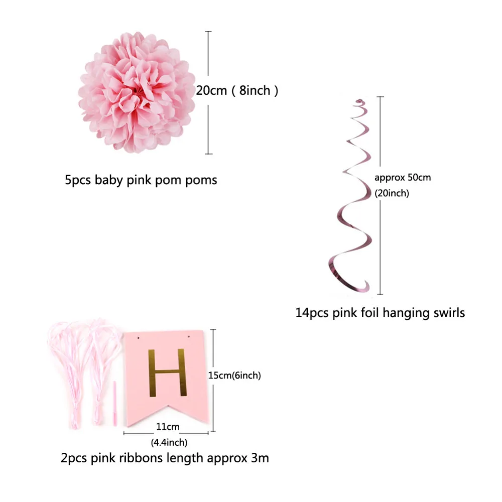 7pc Pink Paper Decoration Set(Happy Birthday Banner,Metallic Dangling Hanging Swirls, Pom Poms) for Girls Birthday Party 1st Birthday Party Supplies (1)