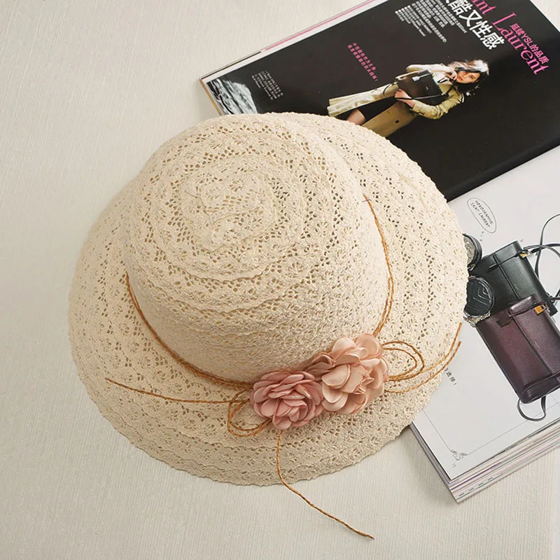 Summer Handmade flower strawhat women's Garland sunbonnet bucket hat roll-up hem beach cap sun hat for women