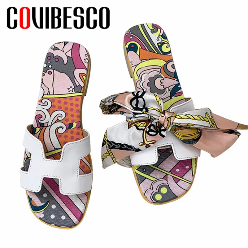 

COVIBESCO Brand Design Round Toe Shallow Slip On Women Sandals 2019 Summer Print Genuine Leather Women Flats Casual Shoes Woman
