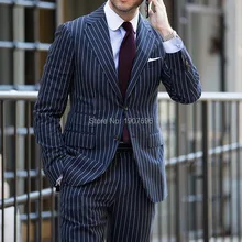 Two Piece Pinstripe Wedding Men Suits for Gentleman Groom Tuxedos Slim Fit Jacket Pants Custom Male Blazer 2019