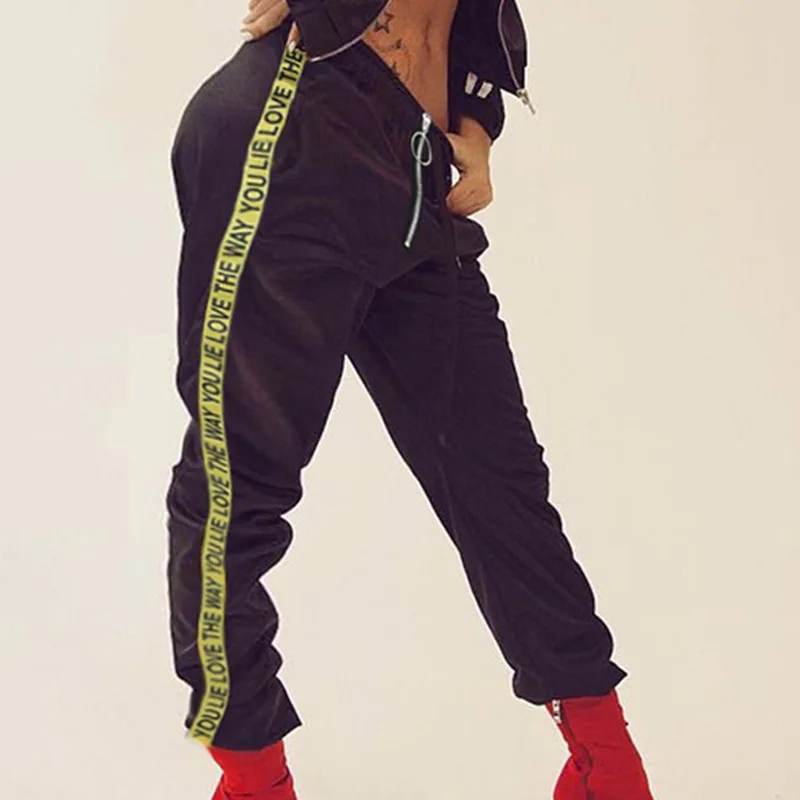 

Women Black High Waist Yellow Letters Joggers Hip Hop Pants Side Stripe Zippers Patchwork Female Sweatpants 2019 Fall Trousers