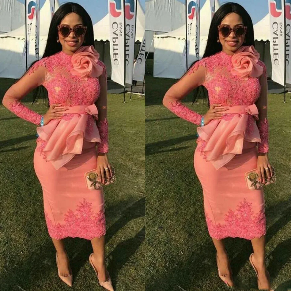 2018 African Appliqued Lace Short Prom Dresses Elegant Jewel Long Sleeves Evening Gowns Tea length Sheath Special Occasion Dress109