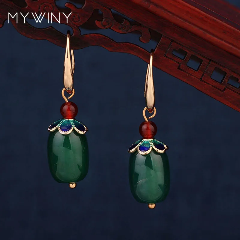 2 цвета MYWINY, новая мода, медная Корона, ювелирные изделия, эмалевые серьги, зеленые, цилиндрические камни, Винтажные серьги