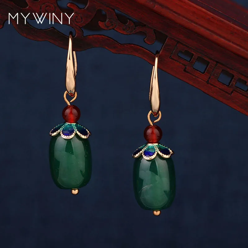 

2 colors MYWINY New fashion copper crown jewelry enamel earrings green, cylinder stones vintage earrings