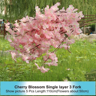 High Densities 4 6 fork Fake Cherry Blossom Flower Branch Begonia Sakura Tree Stem for Event Wedding Tree Deco Artificial Decora - Цвет: Single layer 3 Fork