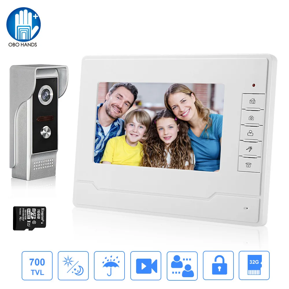 

7inch Color Video Door Phone Speakerphone Intercom System With Waterproof Outdoor IR Camera + 16G TF Card Recording Video Photos