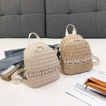 

Summer Bohemian Mini Backpack Casual Straw Wicker Bag for Women Cute Travel Backpack