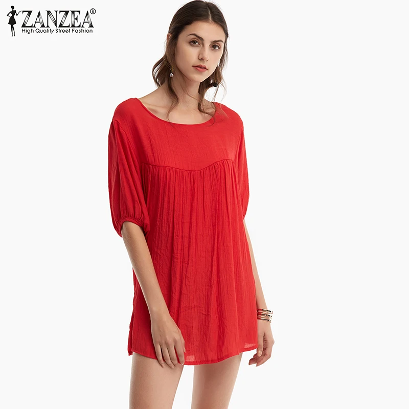 Meilleur ZANZEA 2018 D été Nouvelles Femmes De Mode Lâche Blouses Chemises Casual Solide O Cou Demi Manches Longues Blouse Shirt Tops Plus La Taille S 5XL