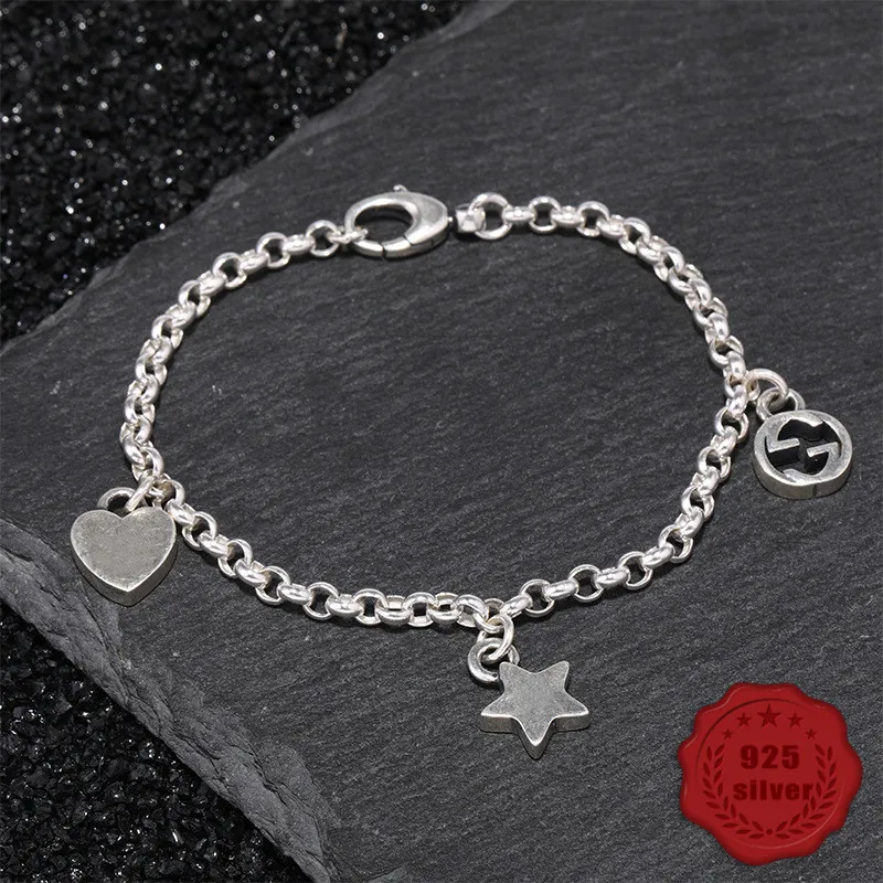 

100% S925 sterling silver bracelet personality simple jewelry retro fashion stars heart shape student 2019 hot sale Bracelets