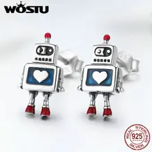 WOSTU, Новая мода, 925 пробы, серебряные, синие, сердце, робот, серьги-гвоздики для женщин, Оригинальные милые ювелирные изделия,, подарок FIE477