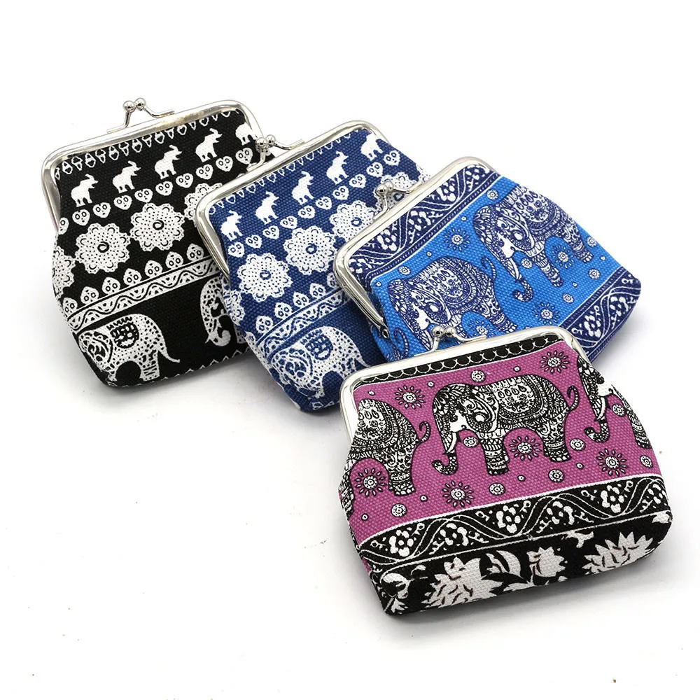 Women's Elephant Print Coin Purses Fashion Polyester Canvas Button Hasp Animal Prints Flap Mini Wallets Day Clutches