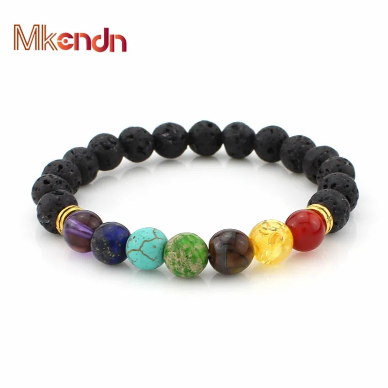 

Wholesale Muti-color Design Mens Bracelets Lava 7 Chakra Healing Balance Beads Bracelet Rhinestone Reiki Prayer Stones yoga