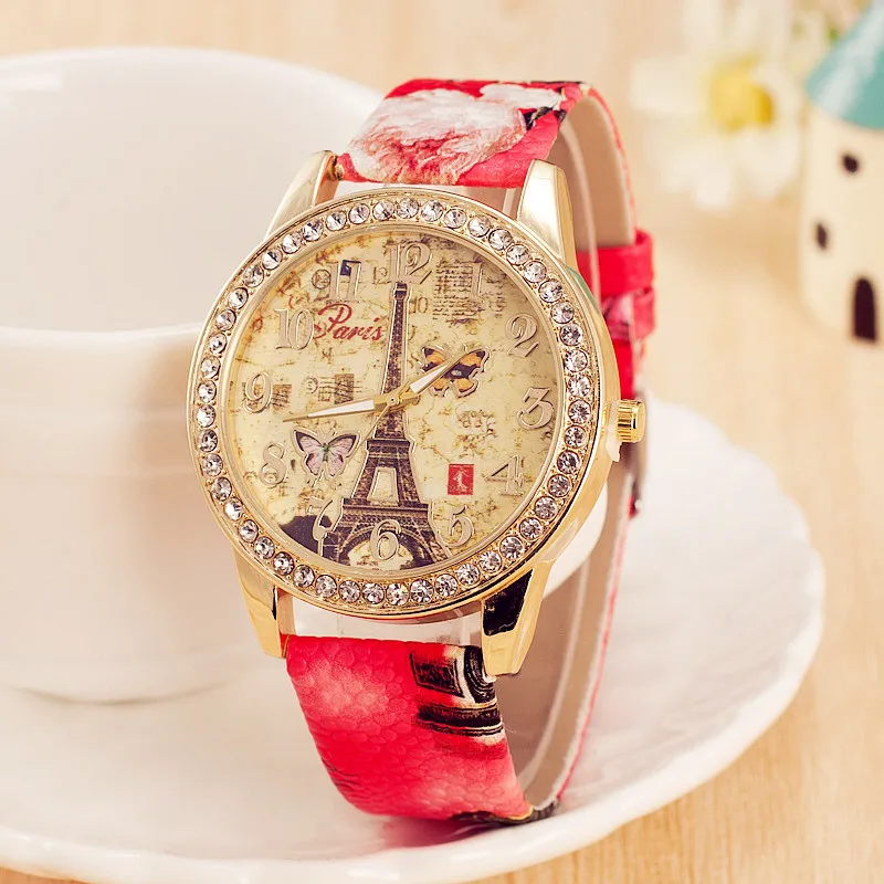 

Hot Sale Fashion PU Leather Women Watches Luxury Eiffel Tower Crystal Casual Quartz Ladies Watch Relogio Feminino Drop Shipping