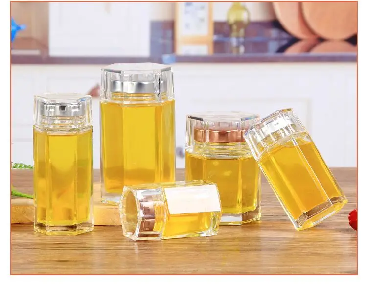 

1pcs 80/120/150/180/280ml NEW Hexagon/Round Glass Jars With Gold/Silver Lids glass storage bottles jars honey candy jar kitchen