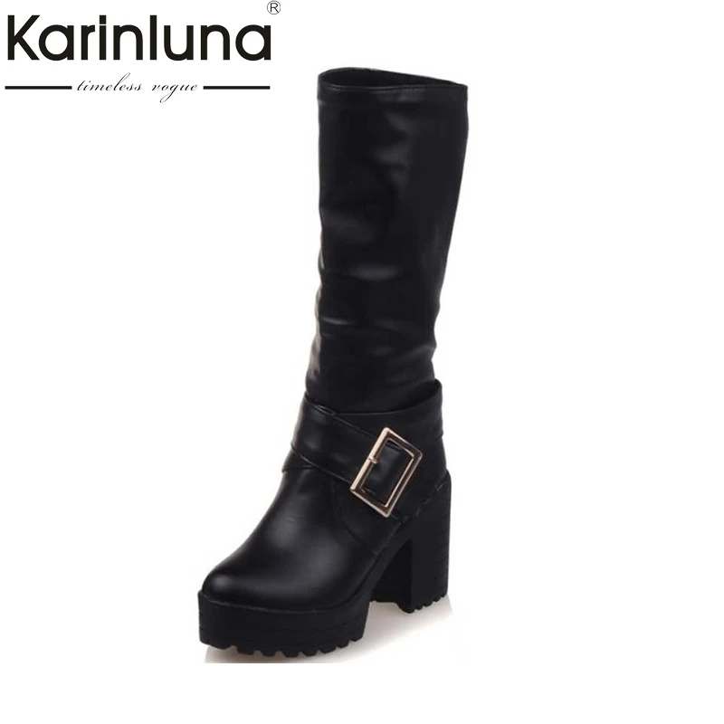 

KarinLuna Big Size 34-43 mid-calf Boots Women Buckle Platform Shoes Women black brown Warm Square high Heels winter Boots