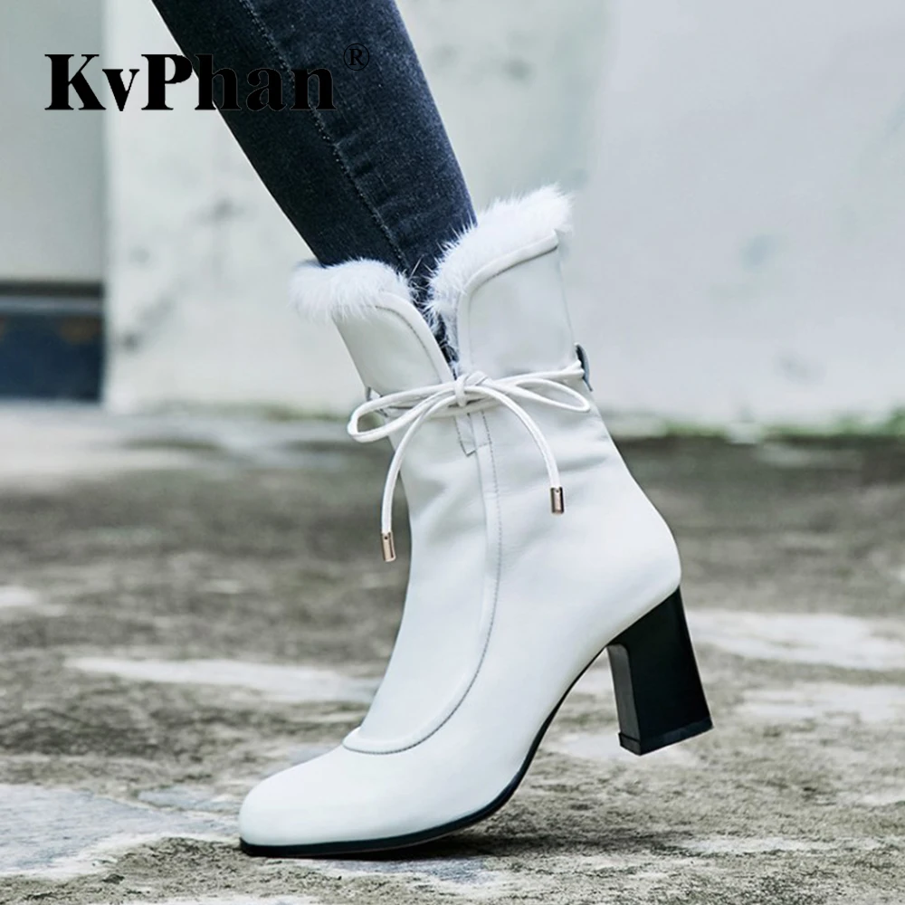 

2018 Chic Women Boots Cow Leather Autumn Winter Shoes KvPhan Woman Spuare Toe Block Heels 8 cm Peluche Ankle Boots Snow Boots