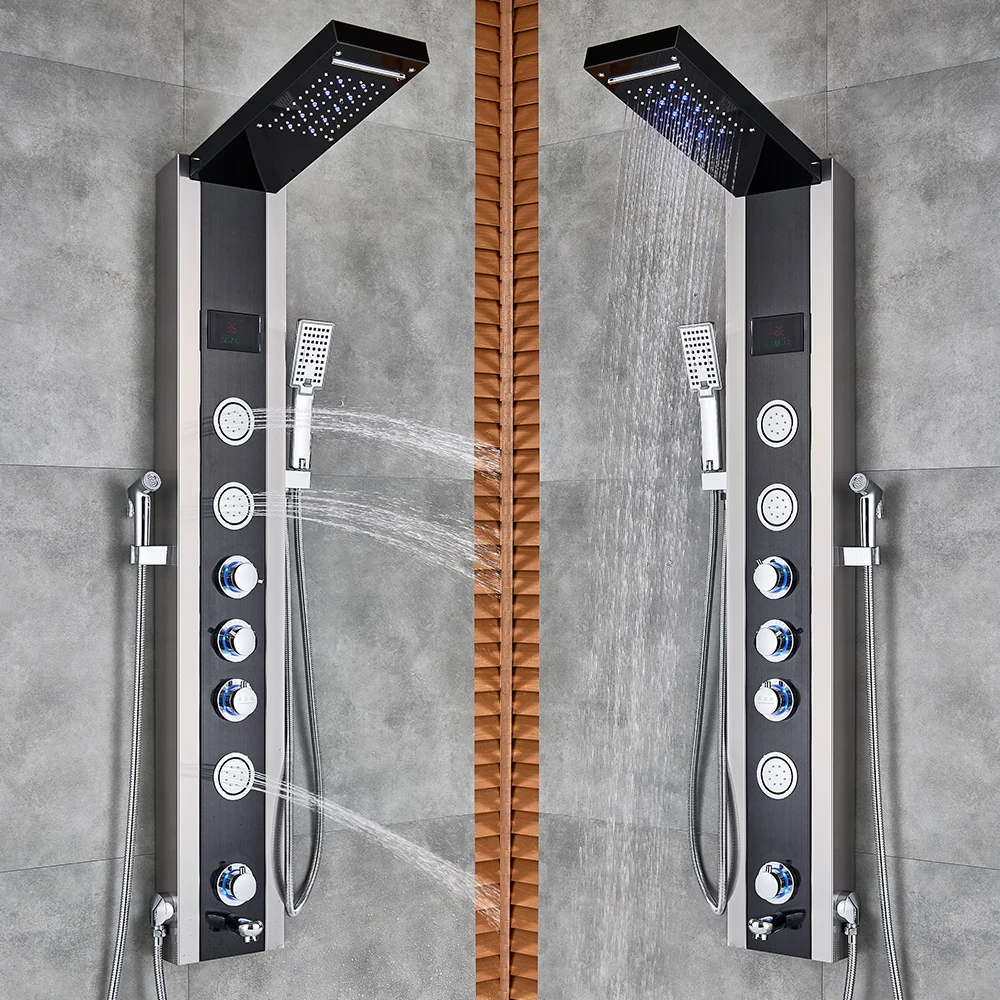 Роскошная душевая панель светодиодный светильник для ванной комнаты душевая колонка башня цифровой экран водопад Дождь душ смесители вращающийся массажные струи