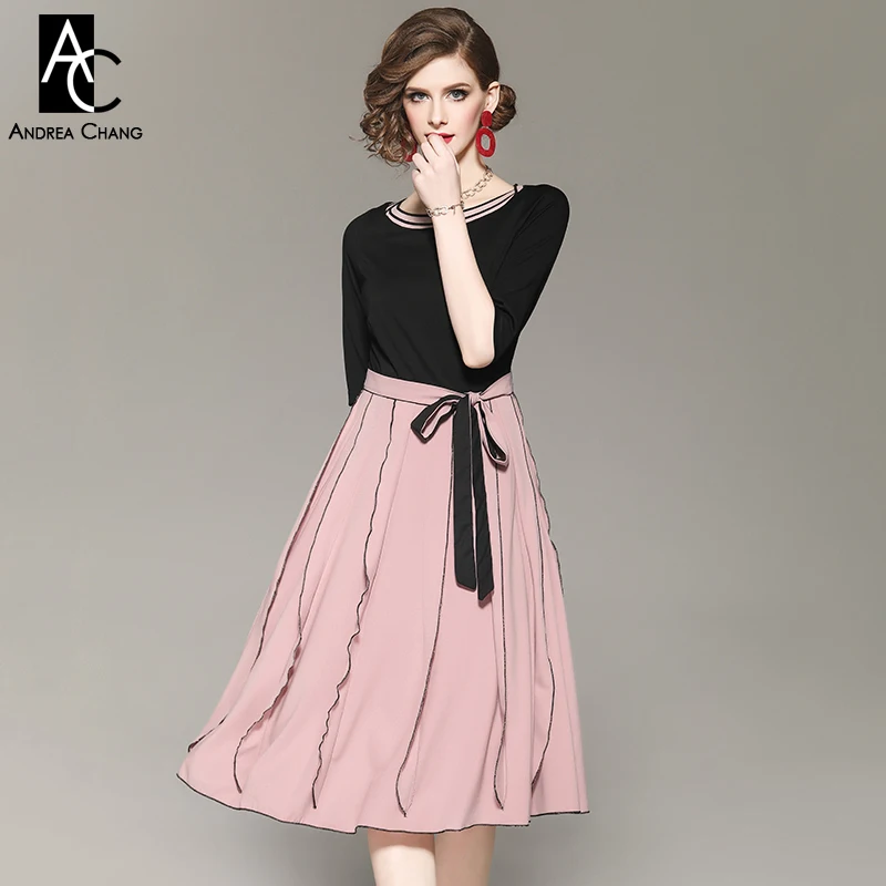 

summer spring woman dress pink collar half sleeve black top pink bottom ruffled applique calf length fashion dress with sash