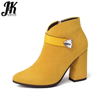 

JK 2018 Fashion Model Woman Ankle Boot Thick High Heels Shoes Lady Crystal Faux Suede Autumn Winter Booties Female Big Size