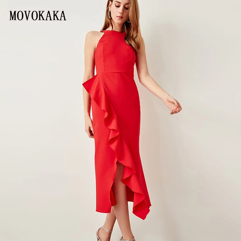 

Hot New Sexy Halter Dress Red Zipper Dress Long Dresses Elegant Vestidos Party Summer Dress Beach Casual Ruffle Dresses Women's