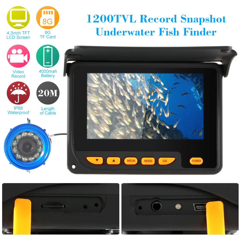 KKmoon 1200TVL Record Snapshot Underwater Fish Finder Kit 4.3" LCD Monitor Waterproof Night View Camera 20M Cable + 8G TF Card