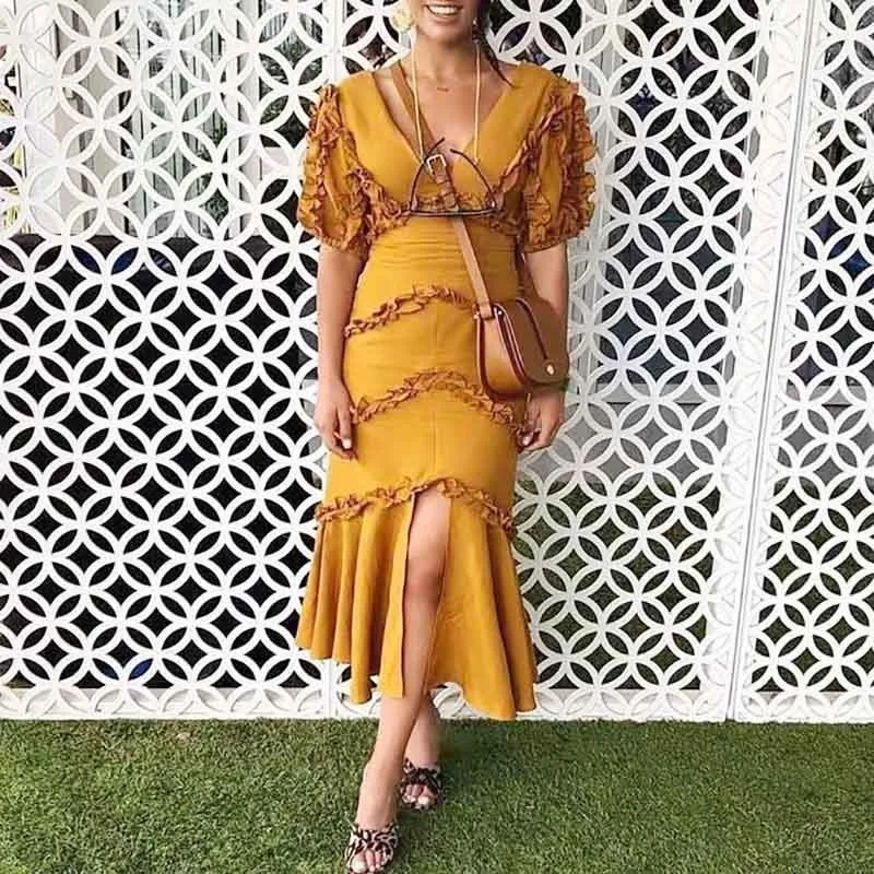[YaLee] Новая мода Лето сексуальное большое v-образным вырезом с коротким рукавом сшивание оборки плиссированные сплит подол молния свободное платье для женщин A359