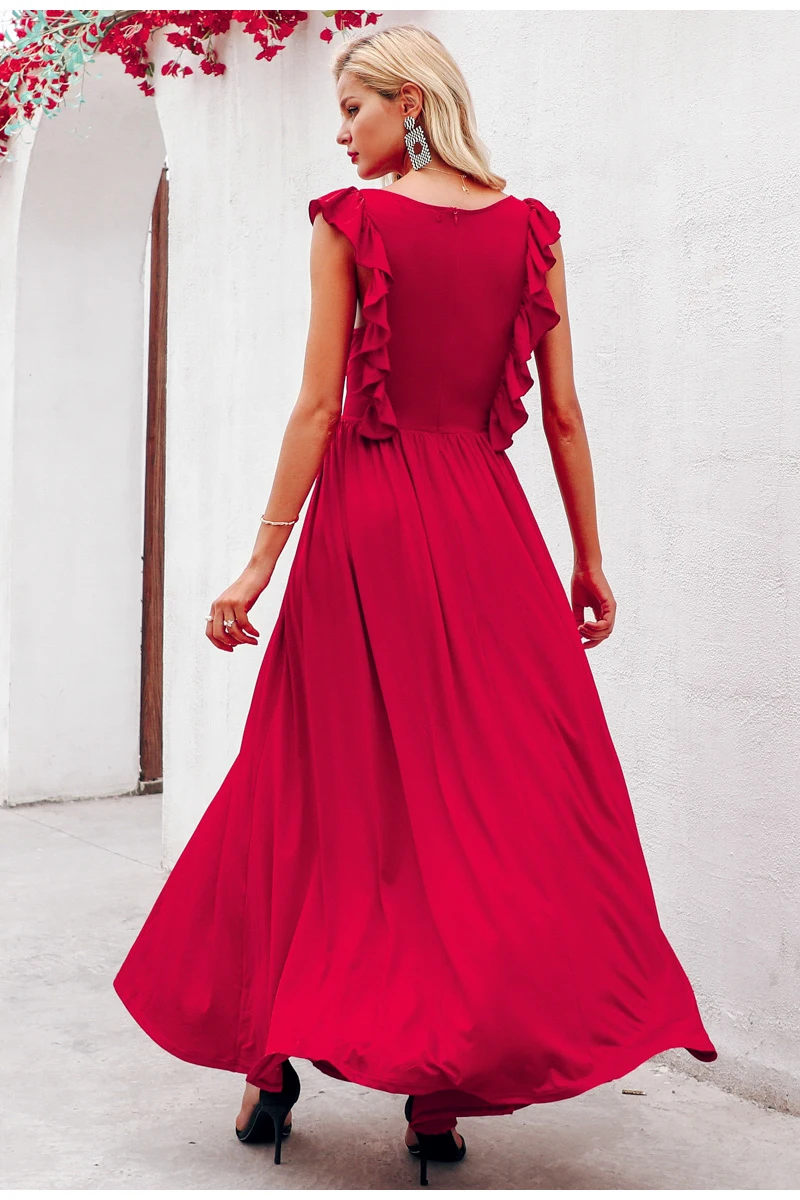 Летнее женское длинное платье Simplee, с разрезом и рюшами, плиссированное красное, темно-синее, серое платье макси с О-образным вырезом, женское вечернее платье