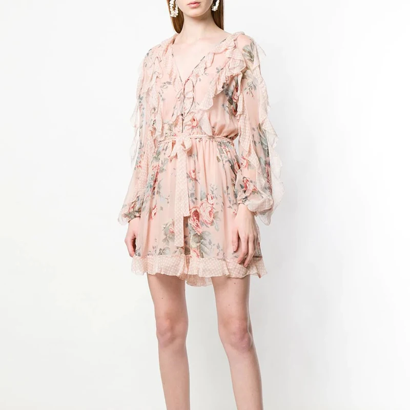 

2019 Summer Designer Ruffles Floral Print Woman Elegant Playsuit Deep V-Neck Long Sleeve Tie Sweet Playsuit Party Club Wear