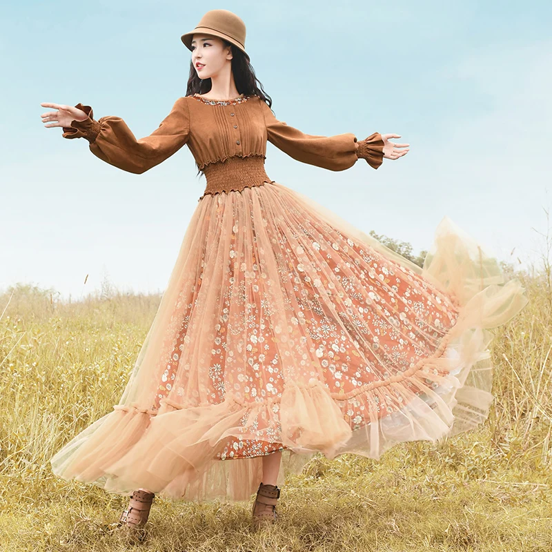 

LYNETTE'S CHINOISERIE 2017 winter female suede fabric gauze patchwork slim waist one-piece dress