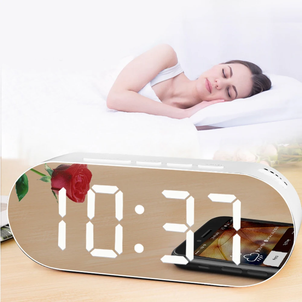 Creative LED Mirror Alarm Clock Digital Table Clock Wake Up Light Electronic Time Temperature Display Home Decoration Clock