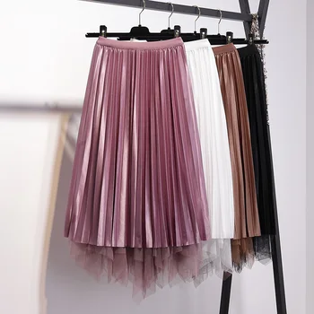 

autumn women skirts velvet mesh patchwork pleated loose office lady elegant solid skirts all match top quality