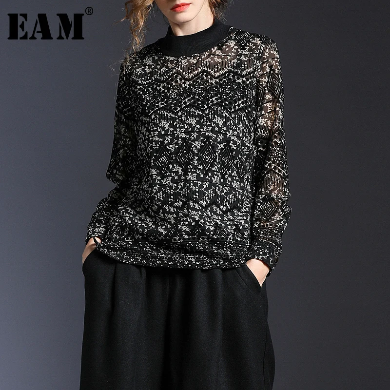 

[EAM] 2019 New Spring High Collar Long Sleeve Black Mesh Pattern Printed Stitch Loose Shirt Women Blouse Fashion JL226