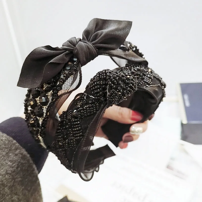 Богемное винтажное Черное кружево с бисером Blace повязка на голову завязанная бантом повязка для волос аксессуары для волос