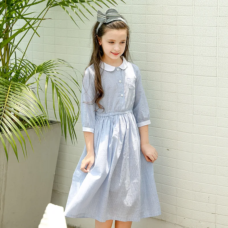 

New 2018 Spring Cotton School Girl Dress with Pockets Long Teenage Kids Princess Dress Children Dress Brand Girls Clothing,#2652