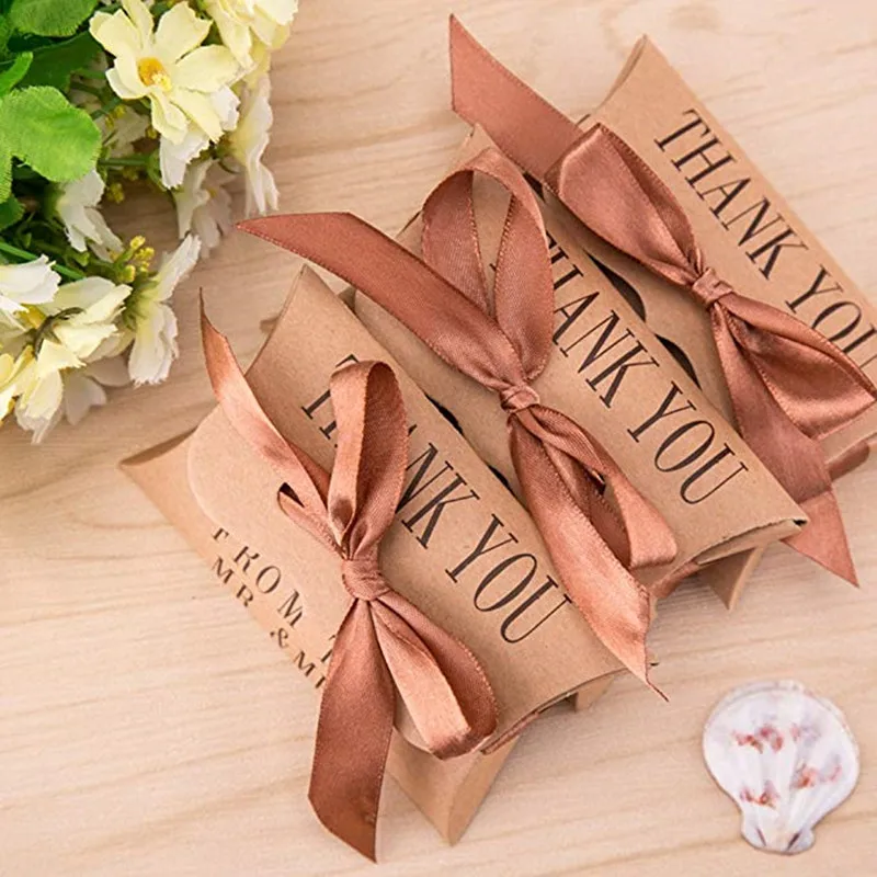 

10Pcs Kraft Paper Thank You Pillow Boxes Wedding Favors with Ribbon Candy Gift Box Rustic Wedding Decoration Guest Souvenirs