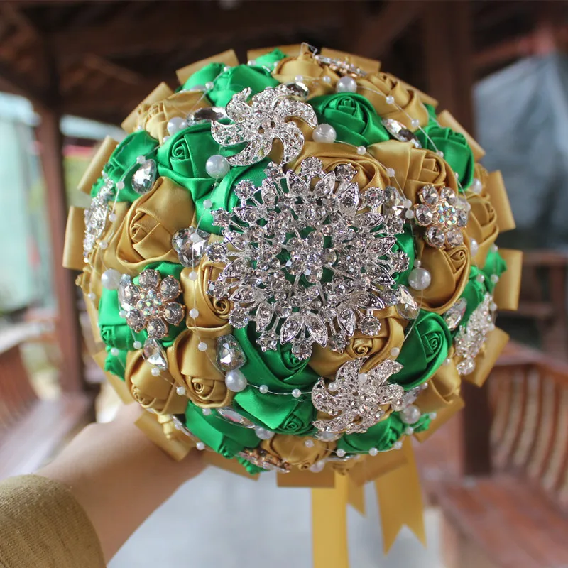 Green Gold Rose Beautiful Bridal Bouquet Crystal Jewelry Combinations Romantic Ribbon Stitch Wedding Custom Color PL001 | Дом и сад