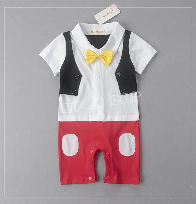 Image Retail Baby Boys Rompers Cartoon Mouse Bow Dots Tuxedo Short Sleeve Summer One Piece Jumpsuits Overalls Toddler Clothes E12539