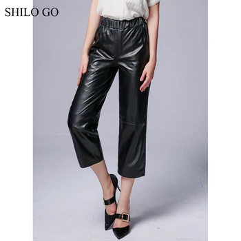 

SHILO GO Leather Pants Autumn Fashion sheepskin genuine leather Pants elastic high waist concise pocket leather Straight pants