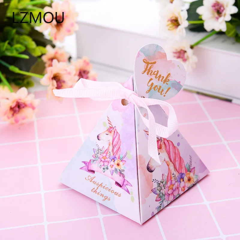 

5PCS Unicorn Candy Dragee Box Paper Gift Bag Cute Candy Flower Box Wedding Birthday Chocolate Wrapping Bag with Tags and Ribbons