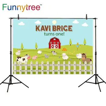 

Funnytree background for photo studio farm theme cartoon red barn fence animals children birthday photography backdrop photocall