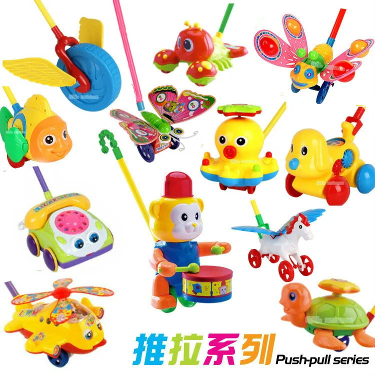 

New Baby Walker Toy Hand Push Pull Walks Plane Rod Push Cart Single Rod Blink Eyes Drag Tongue Toddler Walking Toys Color Random