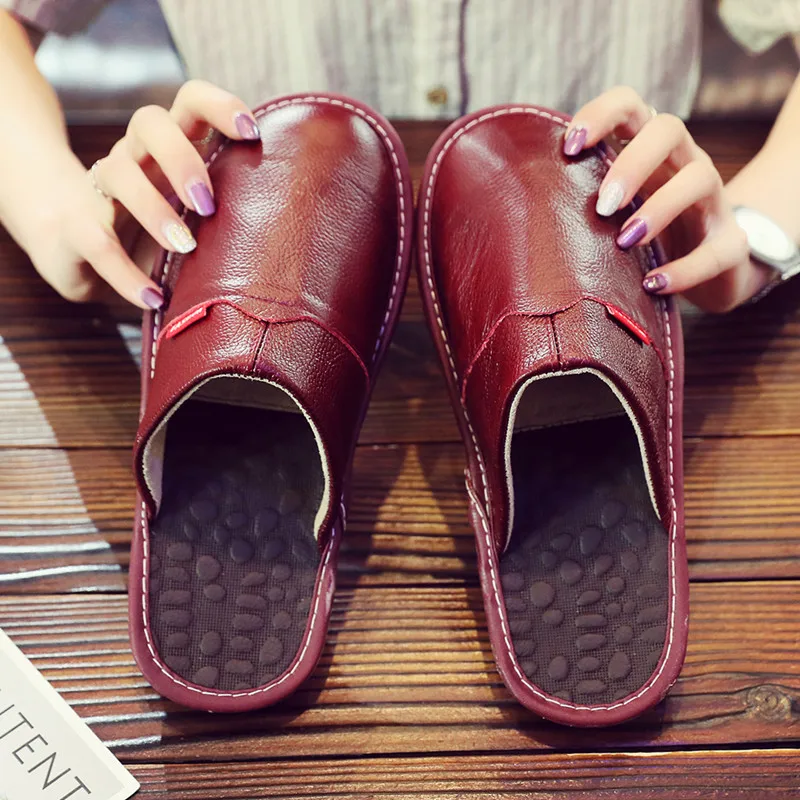 

Leather Slippers female summer home spring and autumn women's leather floor men's indoor waterproof couple four seasons cotton s