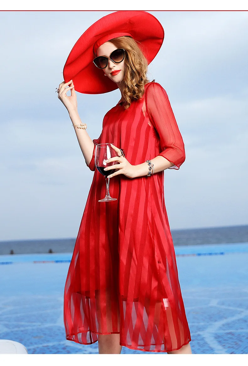 Натуральный шелк красное платье для женщин O средства ухода за кожей Шеи Элегантный большой размер тонкий свободные платья вечерние ужин