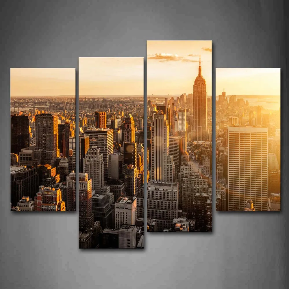 

4 Panels Unframed Wall Art Picture Sky Tall Buildings New York Canvas Print Modern City Posters No Frame For Living Room