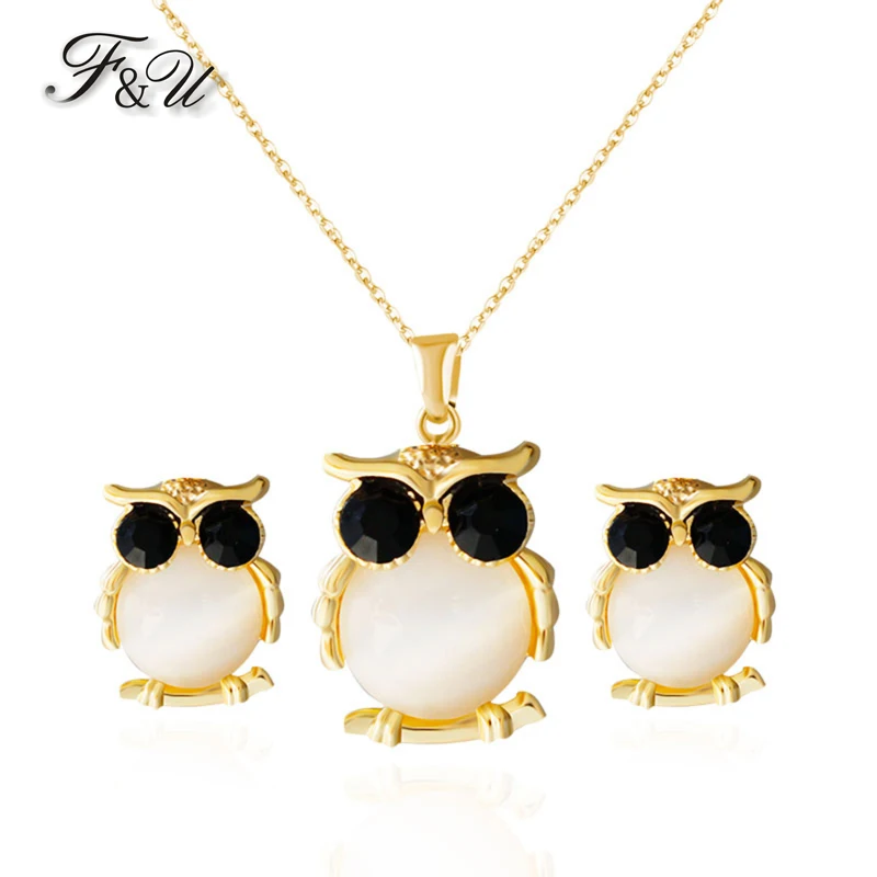 

F&U Zinc Alloy Fashion Trendy Gold Color Big Black Eyes Opal Owl Pendant Necklace and Stud Earrings Jewelry Set