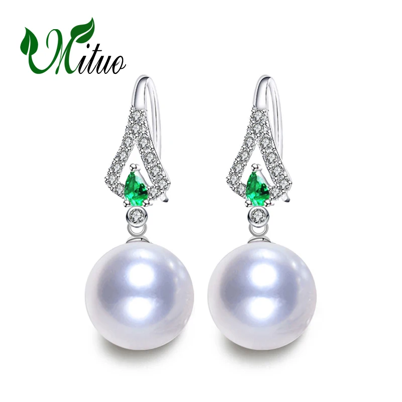 

MITUO 925 Sterling Silver Shell Pearl emerald earring women dangling wedding bride Cubic zirconia CZ Green crystal earrings