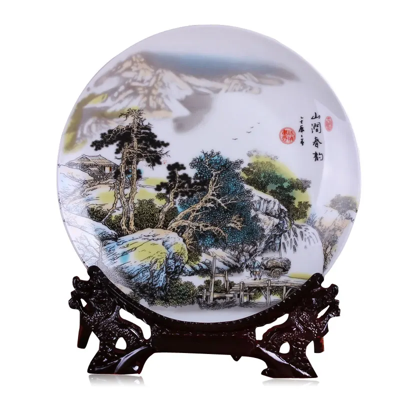 Цзиндэчжэнь керамическая декоративная фарфоровая тарелка пейзаж Сидящая тарелка подставка для подвешивания на стену тарелка - Цвет: B